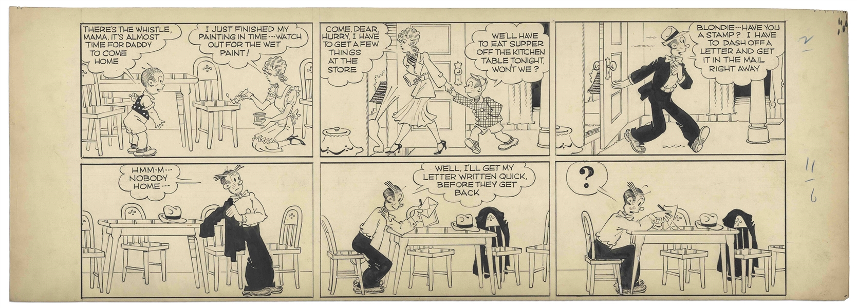Chic Young Hand-Drawn ''Blondie'' Sunday Comic Strip From 1938 -- Dagwood's Just as Fast Getting Out of His Clothes as He Is Getting Into Them